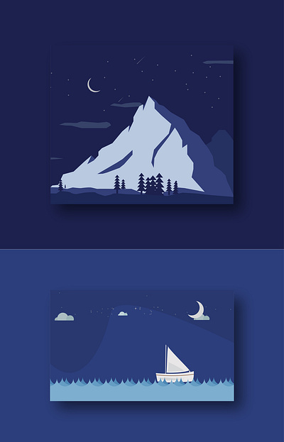 Blues illustration mountain sailboat sea snow