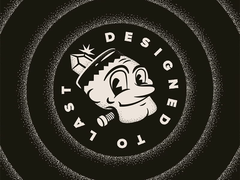 Designed To Last Badge animated gif badge brand branding design gif illustration illustration design monster retro retro design retro illustration