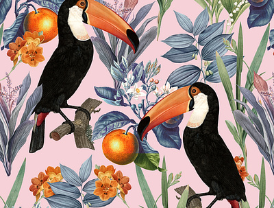 Tucan Garden animal pattern animal print animals birds botanical forest fruits garden graphic design jungle leaves nature oranges pattern repeating seamless tropical tucan tucans wildlife