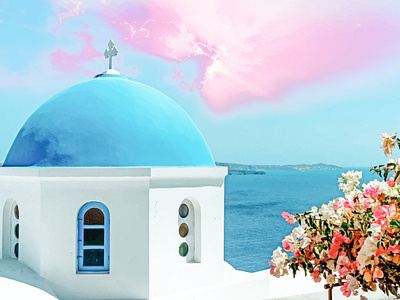 Greek Enlightenment blue bougainvillea church digital manipulation floral greece greek island nature ocean santorini scenic sea summer travel tropical wildlife