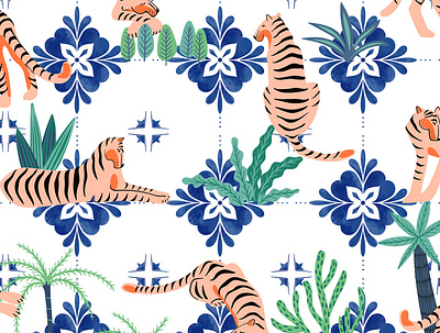 Tigers in Morocco animals bohemian boho botanical cheetah eclectic greece jungle morocco nature pattern tigers tiles travel tropical watercolor wildlife