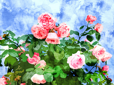 Sweet Rose Garden, Nature Botanical Watercolor Painting, Summer forest