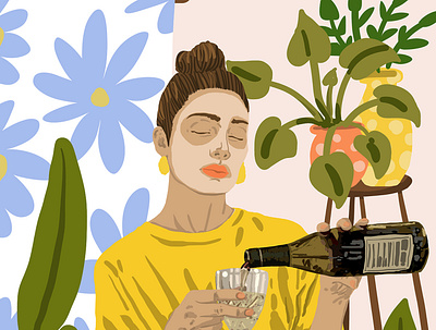 Self Care Illustration, Fashion Woman Wine Self Love botanical