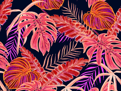 Dark Tropical banana leaves black botanical dark exotic forest jungle monstera nature palm leaves palms pattern repeating seamless watercolor