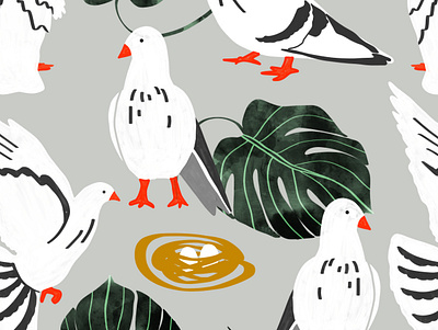 White Pigeons animal animal pattern animal print birds cute dove monstera nature nest pattern repeating seamless tropical white dove