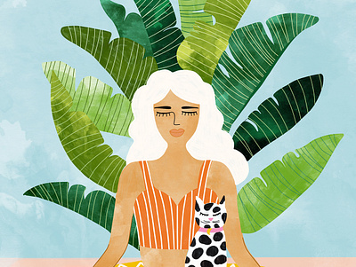 Meditation With Thy Cat animal banana leaves cat cats exotic fashion humor india lifestyle palm people pets quirky travel tropical watercolor yoga