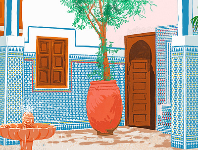 Moroccan Villa architecture arcs blush bohemian boho botanical detail fountain lifestyle modern moroccan nature plants scenic summer tiles travel watercolor