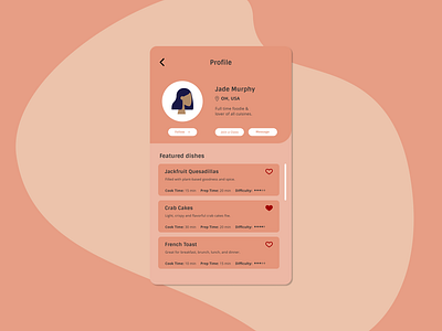 user profile for recipe sharing app daily ui dailyui dailyui 006 dailyuichallenge design food food app foodie illustration mobile app mobile ui profile profile design profile page recipe recipe app recipes ui user user profile