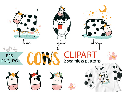 Farmhouse clipart with cute cows, cow|'s face and patterns baby animal baby clothes baby shower branding cute animal cute animals cute illustration farm animal clipart farm clipart flat illustration kids farm logo typography vector