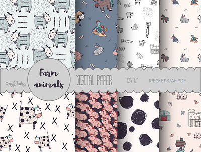 Farmhouse animals digital paper, cow print for kids clothes animal pattern animal print baby animal baby clothes character cow pattern cow print cute animal cute illustration design digital paper farm clipart farmhouse animals farmhouse animals illustration kids farm pajamas pig pattern seamless pattern vector