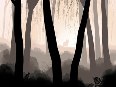 Daybreak forest haunting illustration illustrator landscape photoshop pnw trees vector wildlife wolf