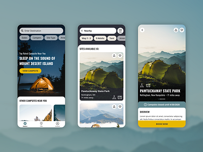Campsite Booking App app booking bookings camp camping campsite color scheme design icon ios mobile mountains nature outdoors rv search tent typography ui ux