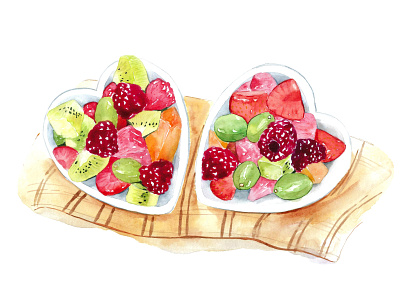 Dessert, watercolour, fruit, heart bowls
