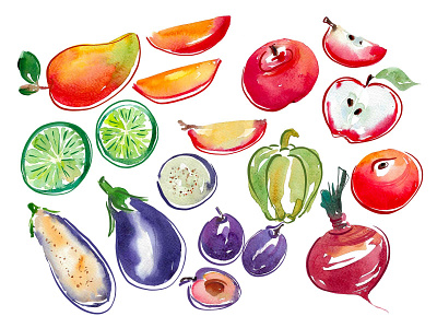 Fruit and vegetables watercolour illustration