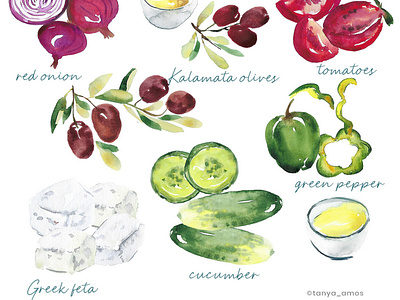 Vegetables, feta cheese watercolour illustration feta food illustration illustration olives pepper