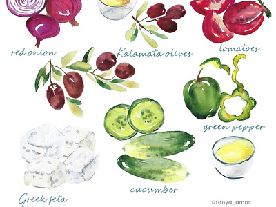 Vegetables, feta cheese watercolour illustration