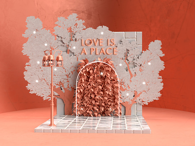 Love is a Place Wedding Pop-up 3d art 3d design 3d designer adobe dimension adobe photoshop booth brand design brand identity branding bridal celebration copper experiential design photo opp photobooth pop up subway tile typogaphy wedding white