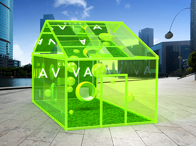 Club AVIVA Tennis Activation 3d art 3d design 3d designer adobe dimension adobe photoshop art installation aviva booth brand design brand identity branding canada open display exhibit experiential design neon green pop up tennis tradeshow booth