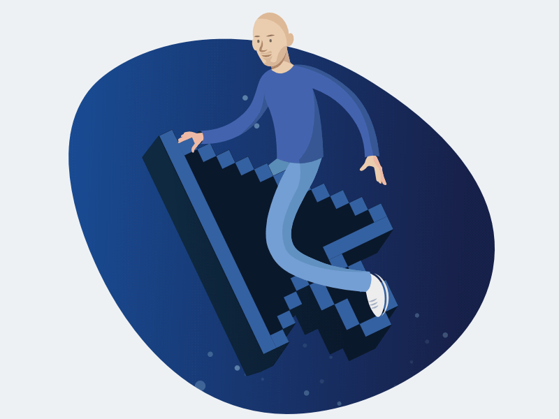 Animation of a freelance designer, floating on a cursor in space