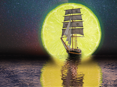 Surreal pirate ship sailing under a Key Lime Moon beer art branding craft beer design illustration lime logo moon package design photoshop pirate space star surreal surrealism vector