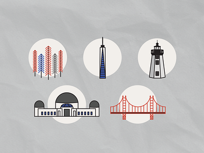 City Icons - Top 5 U.S. Cities for Graphic Designers bridgeport california cities city famous building framingham golden gate bridge icon iconography icons iconset landmark lighthouse los angeles new york city nyc san francisco texture vector world trade center