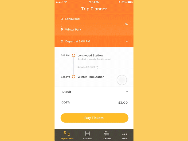 Add passengers - SunRail app redesign concept add animation app gif ios mobile modal passengers principle prototype sunrail