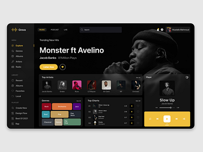 Grova Music app branding creative design music product design soundcloud spotify ui ux web website website design xd design