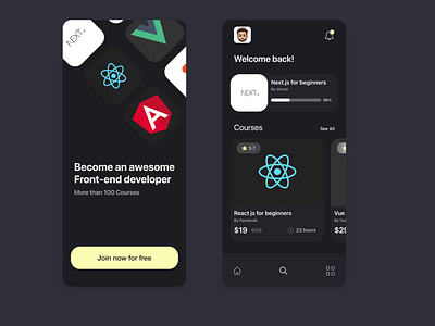 Courses App android angular app branding courses creative dark design flutter ios js learn next product design react swiftui ui ux vue xd design