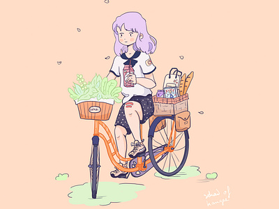 Bycicle girl spring basket bycicle color cute draw drawing girl illustration japan kawai nature plant plants spring springtime velo vintage vtt womand