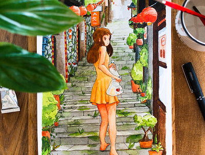 Kaidan - Watercolor illustration art artist asian city draw girl illustration illustration art japan japanese landscape nature paint plant print watercolor watercolor painting watercolour