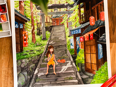 Japan temple street natural illustration watercolor art artist cat colors draw drawing girl illustration japan paint painting paper shinto temple watercolor