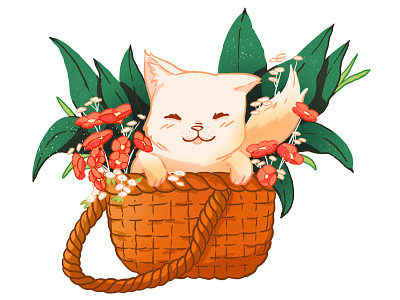 Little kitty in a basket animal basket birth cat cute doodle draw drawing flower illustration kawaii kitty plant