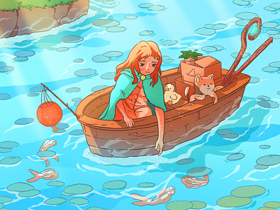 Travelling with koi boat cat digitalart fish girl illustration koi lake magic river sea ship sorceress travel with