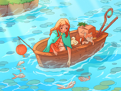 Travelling with koi boat cat digitalart fish girl illustration koi lake magic river sea ship sorceress travel with