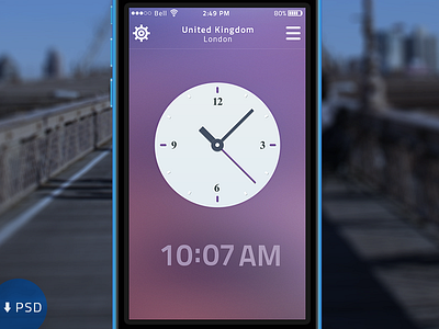 World Clock apple clean clock flat free ios7 iphone 5c mock up modern psd ui