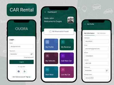 Car Rental App UI app app design card card ui login mobile ui profile rental social ui
