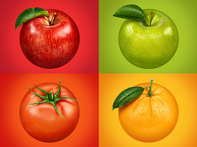 Fruits for packaging apple green illustration orange photo red retouching tomato yellow