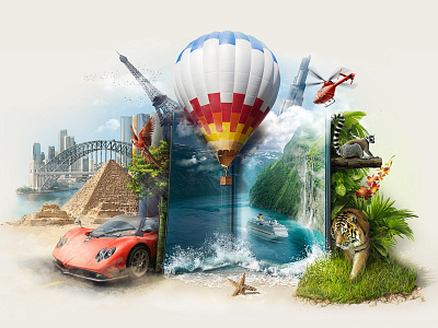 Photobook illustration balloon book helicopter illustration parrot pyramid sea tiger