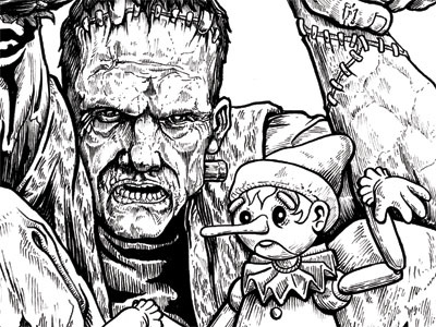 The Creature & The Puppet frankenstein illustration ink pinocchio