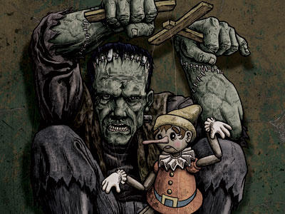 The Creature & The Puppet Finished frankenstein illustration ink photoshop pinocchio