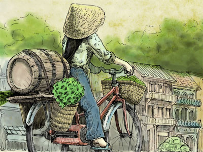 Bike Delivery fake watercolor illustration ink photoshop