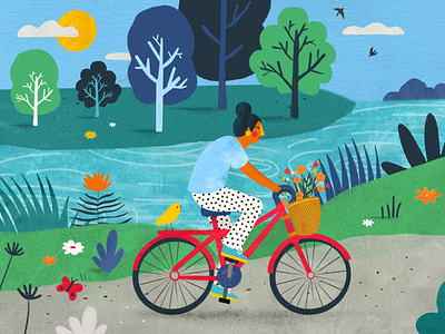 A little ride ❤️ balade bike female character illustration illustration art illustrator kids illustration lanscape paysage plant illustration vélo