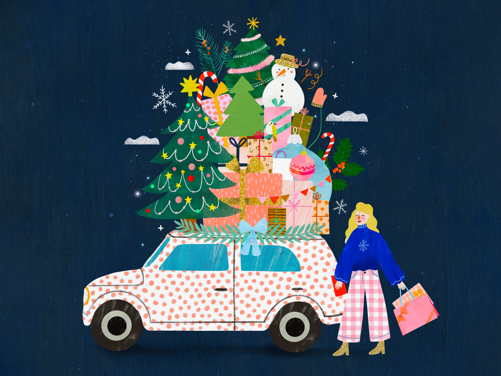 Christmas car ? christmas female character happy holidays holidays illustration illustration art illustrator kids illustration winter illustration