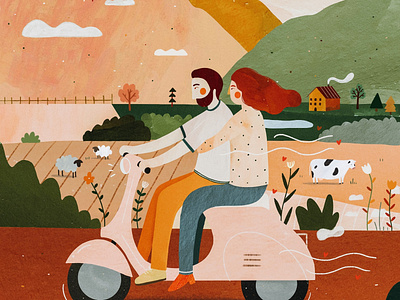 Vespa lovers countryside illo illustration illustrator landscape lovers vespa