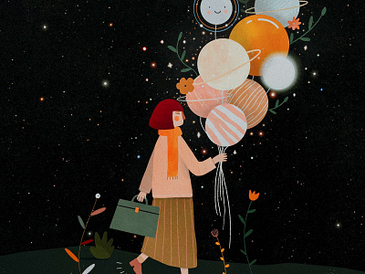 Balloons girl cosmic cosmique cosmos female character illustration illustration art illustrator kids illustration planet