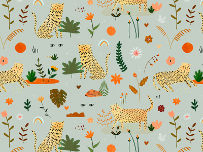 Cheetah 🐆✨ animal animals cheetah guepard illustration illustration art illustrator kids illustration motif pattern pattern a day pattern design plant plant illustration