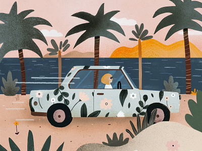 She has a funny car 🌈 car female character girl illustration illustration art illustrator kids illustration plant illustration travel tropical
