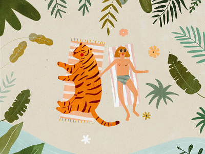 SUMMER MOOD ☀️🌴 animal beach female character girl holiday illustration illustration art illustrator kids illustration plant illustration summer tiger tigre tropical