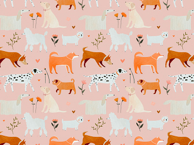 Little doggies ❤️ animal dalmatian dog doggies flower illustration illustration art illustrator kids illustration motif pattern pattern design pink shiba shiba inu