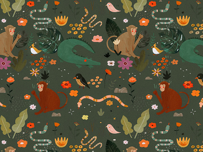Welcome to the jungle 🌴 animal illustration illustration art illustrator illustratrice jungle kids illustration motif motifs pattern pattern design plant illustration